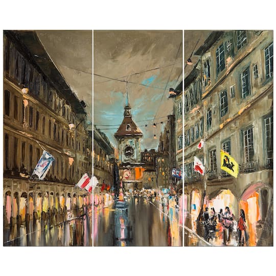 Designart - Bern Switzerland Rainy Evening in Oil Painting - Cityscapes Painting Print on Wrapped Canvas set